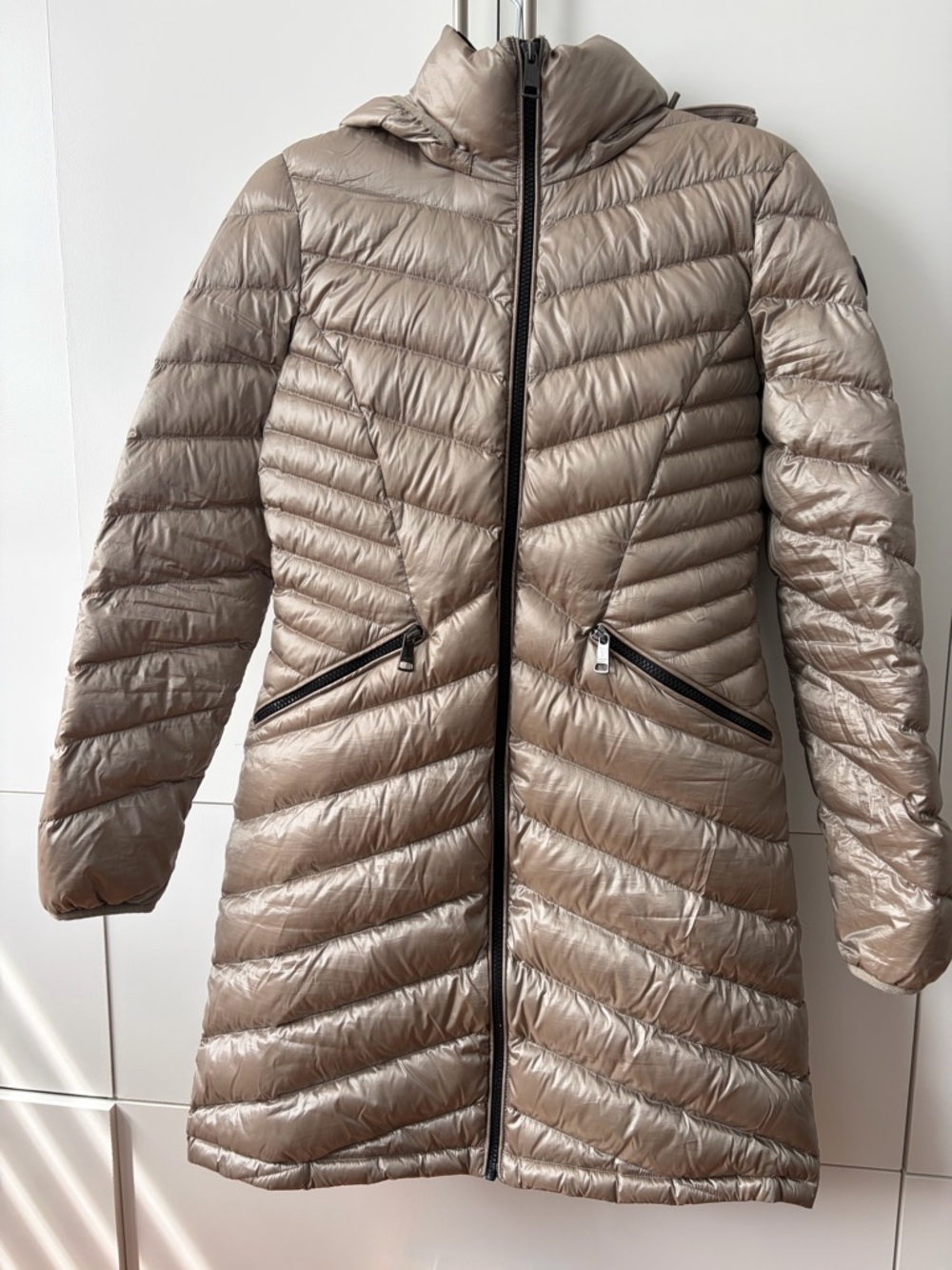 Lightweight Quilted Hooded Coat in Champagne Taupe